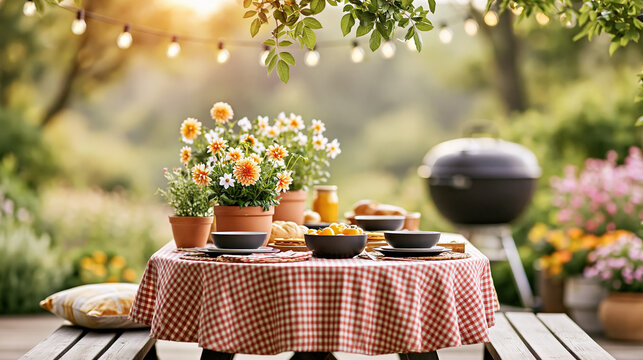 Cozy Outdoor Dining Table on Flower-Filled Country House Terrace