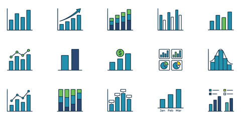 Fototapeta premium A comprehensive collection of business bar chart icons presented as a clean professional vector illustration for data analysis