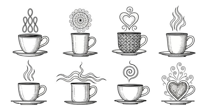 Vintage hand drawn coffee cup sketches with ornate steam patterns and decorative latte art details classic engraved style vector illustrations for cafe menu