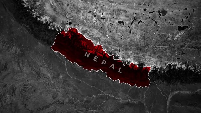 Grayscale satellite map animation zooming into Nepal highlighted in red