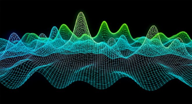 Abstract glowing 3D wireframe landscape in blue and green