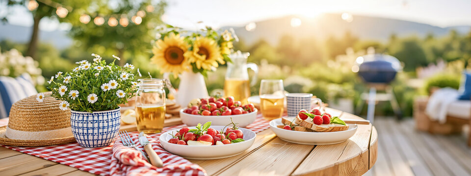 Cozy Summer Picnic Table with Fresh Berries and Daisies
