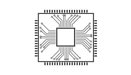 Fototapeta premium Microchip schematic diagram highlighting a central processing unit with intricate circuitry pathways on a white background.