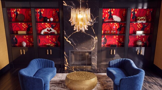 Luxury Library with Blue Velvet Sofas, Black Marble Fireplace and Art Deco Monkey Wallpaper
