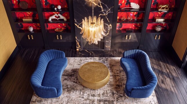 Luxury Library Seating Area with Blue Velvet Sofas and Monkey Wallpaper, Brass Coffee Table and Marble Fireplace