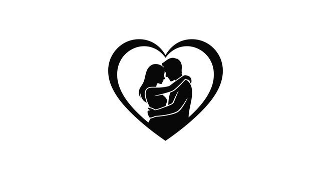 Couple embracing within a heart shaped silhouette on a white background