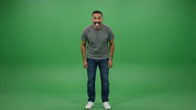 A man on a green screen is acting surprised, with his mouth open and his eyes wide. He is wearing a grey t-shirt and jeans.