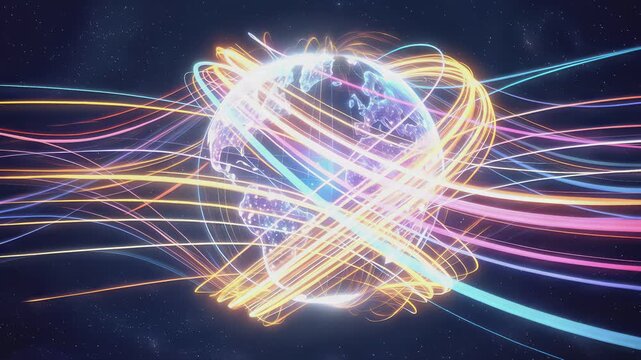 Digital globe surrounded by glowing light trails in deep space. Stylized earth with data streams and energy patterns. Panning camera movement.