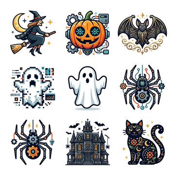 Halloween, Halloween vector icon set with 9 spooky characters, steampunk pumpkin and mechanical spider illustrations, pixel art ghost and gothic cat stickers isolated on White Background