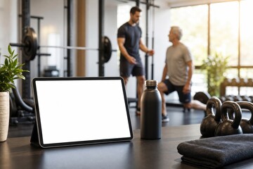 Fototapeta premium Tablet mockup with blank screen in modern fitness gym