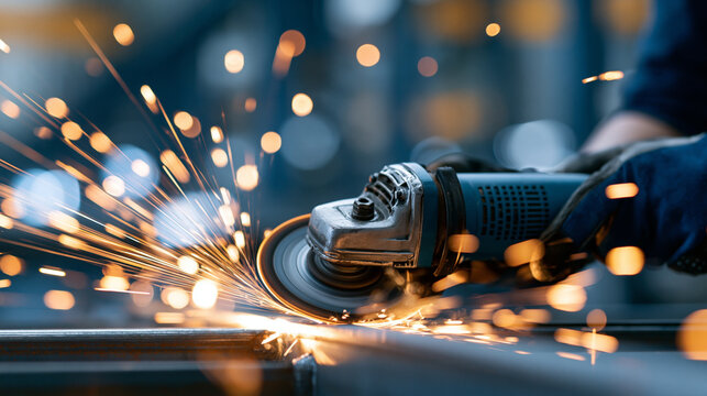 Electric wheel grinding on a steel structure in a factory, industrial manufacturing concept, with copy space
