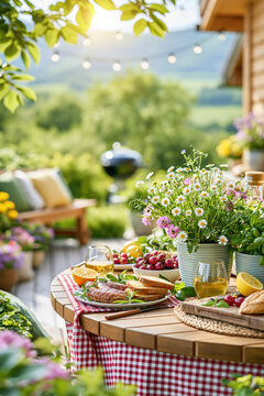 Cozy Garden Picnic Table with Fresh Food and Flowers