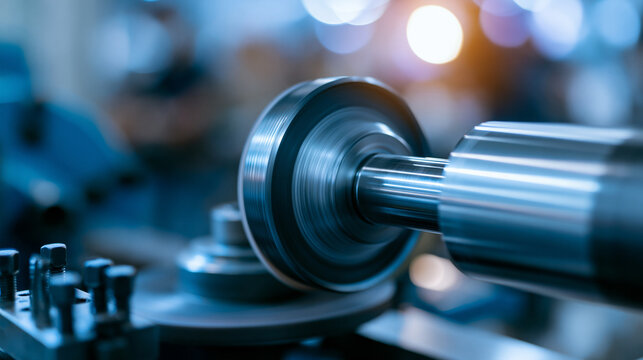 Close-up of a precision metal threading process on an industrial grinding machine, rotating steel rod and abrasive wheel, manufacturing technology concept, with copy space