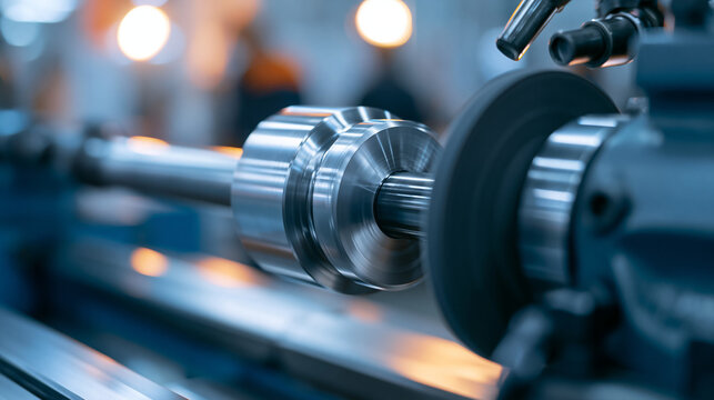 Close-up of a precision metal threading process on an industrial grinding machine, rotating steel rod and abrasive wheel, manufacturing technology concept, with copy space