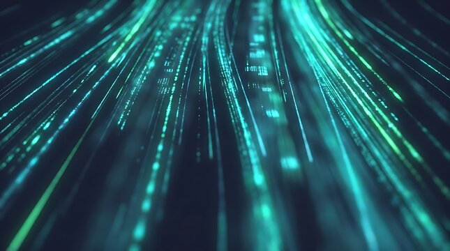 Abstract background featuring glowing teal light trails moving forward in a high speed digital technology concept