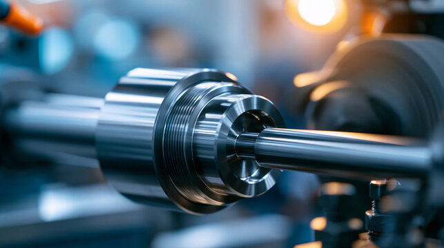 Close-up of a precision metal threading process on an industrial grinding machine, rotating steel rod and abrasive wheel, manufacturing technology concept, with copy space