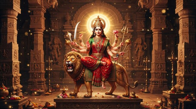 Navratri Durga Puja Chaitra Navratri vector illustration of goddess Durga sitting on lion inside grand temple glowing divine festive Indian culture background See Less