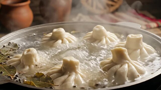 Fresh dumplings boiling in water with bay leaves