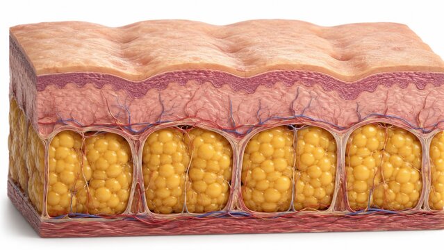 3D medical illustration of skin anatomy showing cellulite