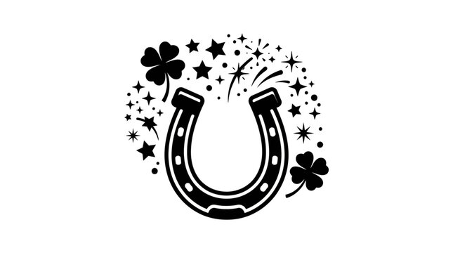 Lucky horseshoe with four-leaf clovers and sparkles. A symbol of good fortune and celebration