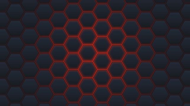 Abstract dark blue hexagon background with glowing red edges motion graphic seamless loop.