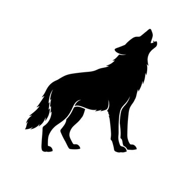 Howling wolf silhouette vector, black wild animal profile on white background, predatory timber wolf mascot for logos and outdoor branding