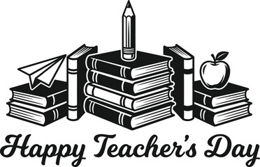 Obraz premium Vintage style black and white illustration featuring a stack of books with a pencil an apple and paper plane