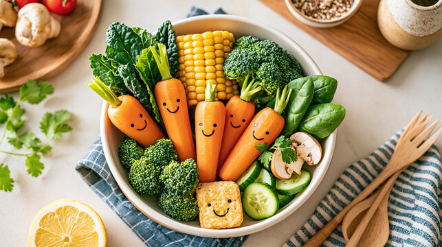 Cute Smiling Vegetables in Bowl for Healthy Kids Food Concept