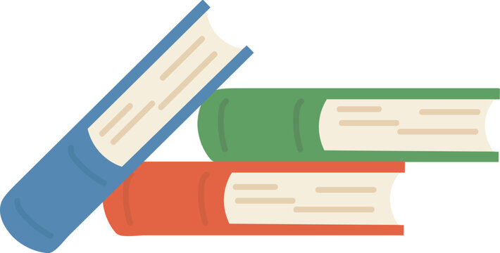 A colorful illustration shows three hardcover books stacked together, with one blue book leaning diagonally across the top, symbolizing reading, learning, and education.