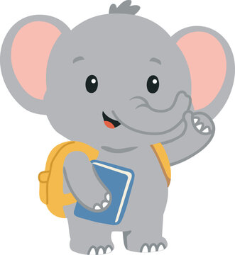 A cute cartoon elephant wearing a yellow backpack holds a blue book and smiles, making it an ideal illustration for school or educational themes.