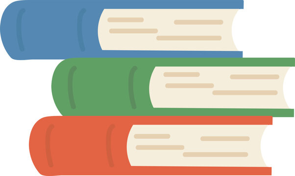 A stack of three colorful hardcover books arranged in an offset layout is illustrated in a clean flat vector style, representing education and reading.