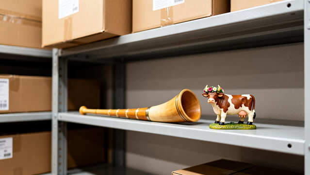 suspenders. Miniature alphorn and carved cow figurine with floral crown, heritage and delivery logistics concept, event programs.