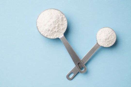 Measuring spoons with white powder on blue background