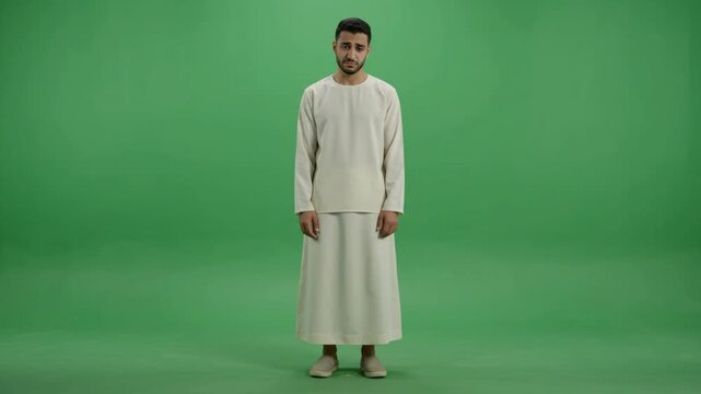 Young Arab man in traditional white thobe standing against a green screen background, full body shot.