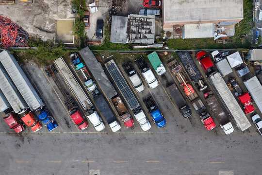 Aerial view semi trucks parked logistics hub transport industry