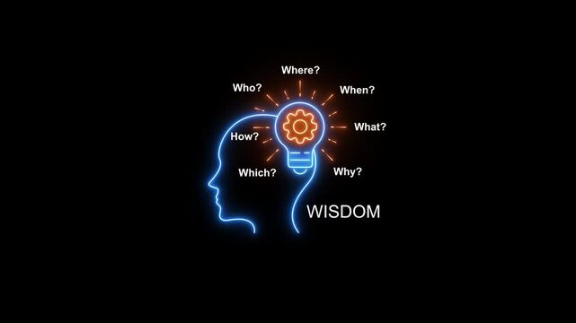 Neon human head silhouette with glowing lightbulb gear idea concept and wisdom text animation for business innovation and creative thinking