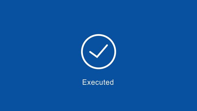 Minimalist animated checkmark with executed text label on a solid blue background, business presentations, digital interface ui ux and task completion status