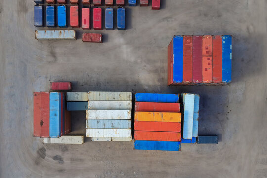 Aerial view shipping containers logistics cargo terminal