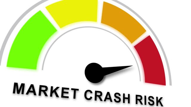 Financial market crash risk gauge indicator moving toward red zone showing economic instability, stock market volatility, investment danger, recession warning, and fiscal crisis analysis concept