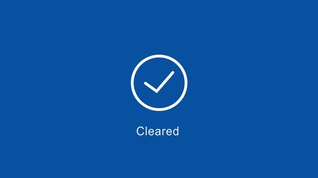 Minimalist motion featuring a white checkmark inside a circular border with the text cleared on a solid blue background, corporate approval and status notification