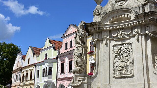 Masaryk square with Marian plague column in town Trebon,Czech republic