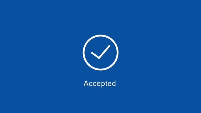 Minimalist animated checkmark with accepted text label on a solid blue background, digital interface user experience feedback, task completion confirmation, and web ui