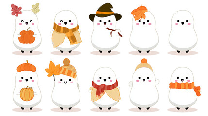 Obraz premium Collection of cute cartoon ghosts with autumn accessories on transparent background isolated for seasonal design projects