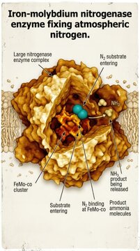 Nitrogenase enzyme complex measuring twelve nanometers, displaying active iron molybdenum cofactor fixing atmospheric dinitrogen gas substrate, converting diatomic molecules into ammonia product.