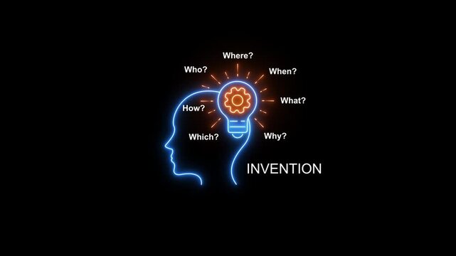 Neon invention concept: human head silhouette with lightbulb gear idea and critical thinking questions for innovation and problem solving