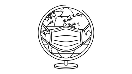 The World Wears a Mask: A simple line drawing depicts a globe with a medical mask covering its continents, symbolizing global health concerns and the pandemic's impact.