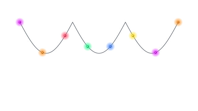 Colorful glowing hanging  light bulbs hanging on a wavy wire string for festive holiday party decoration, isolated on transparent background