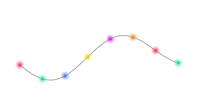 Colorful glowing light bulbs on a wavy string for festive decoration isolated on transparent background