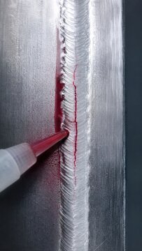 Dye penetrant inspection revealing crack in steel weld