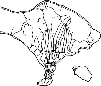 Detailed map of Bali island showing roads and settlements in black and white